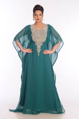 Teal Georgette Embroidered Zari Work Islamic Kaftans 1
