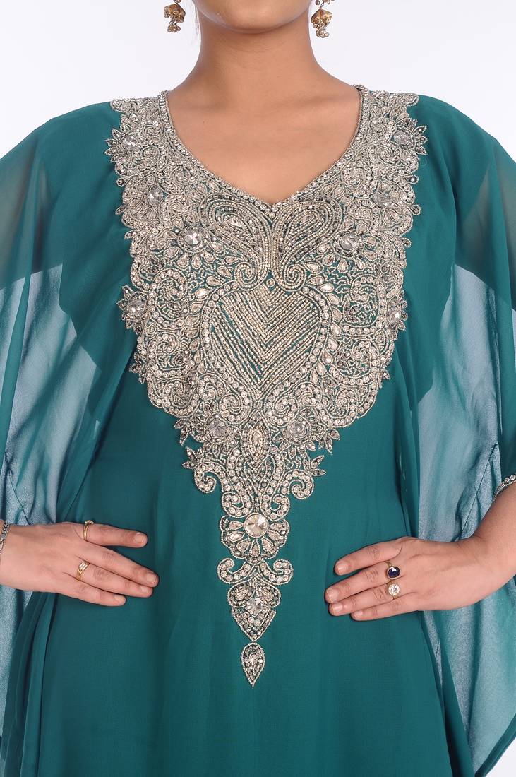 Teal Georgette Embroidered Zari Work Islamic Kaftans