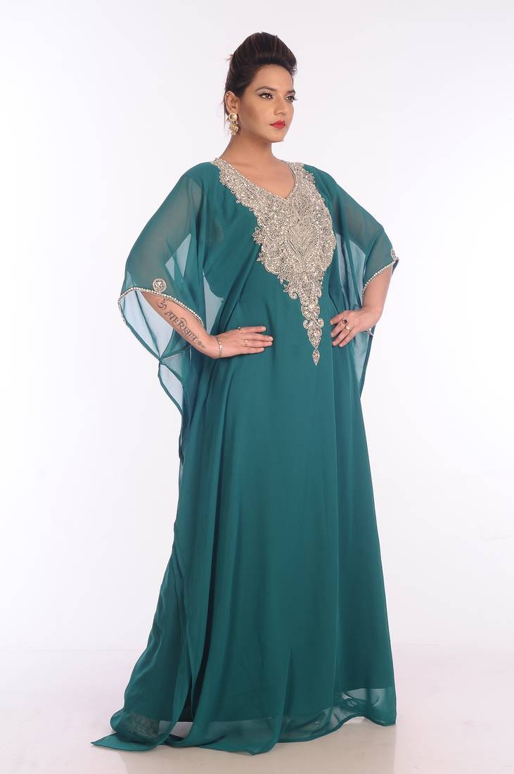 Teal Georgette Embroidered Zari Work Islamic Kaftans
