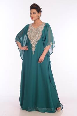 Teal Georgette Embroidered Zari Work Islamic Kaftans 4