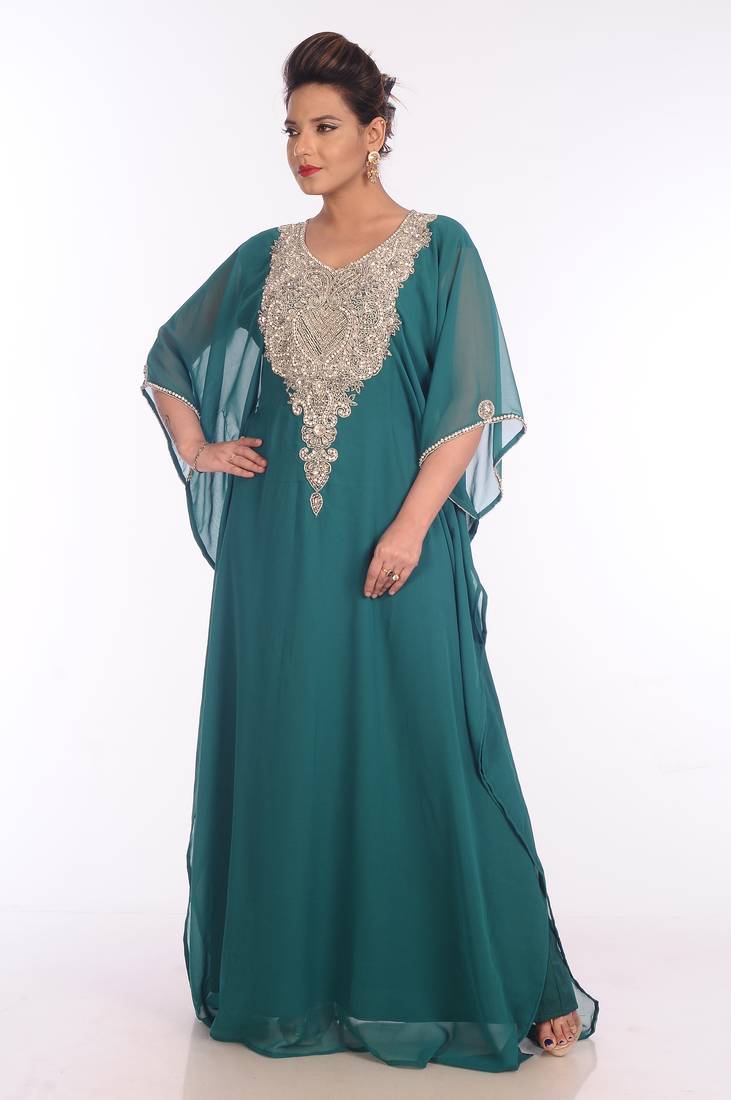 Teal Georgette Embroidered Zari Work Islamic Kaftans