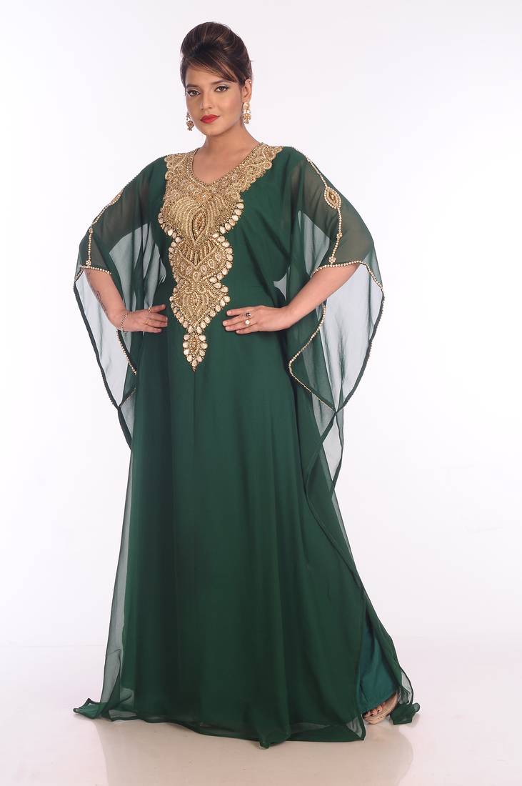 Green Georgette Embroidered Zari Work Islamic Kaftans