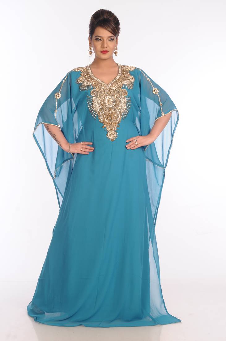 Blue Georgette Embroidered Zari Work Islamic Kaftans