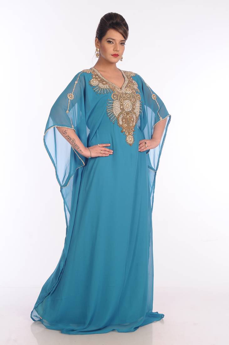 Blue Georgette Embroidered Zari Work Islamic Kaftans