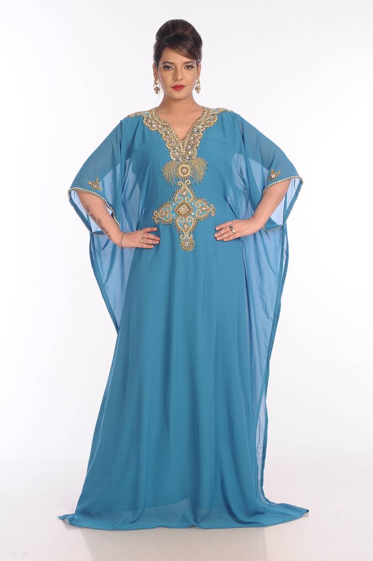 Blue Georgette Embroidered Zari Work Islamic Kaftans