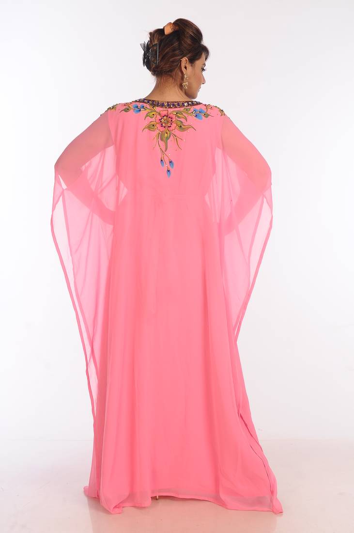 Baby Pink Georgette Embroidered Zari Work Islamic Kaftans