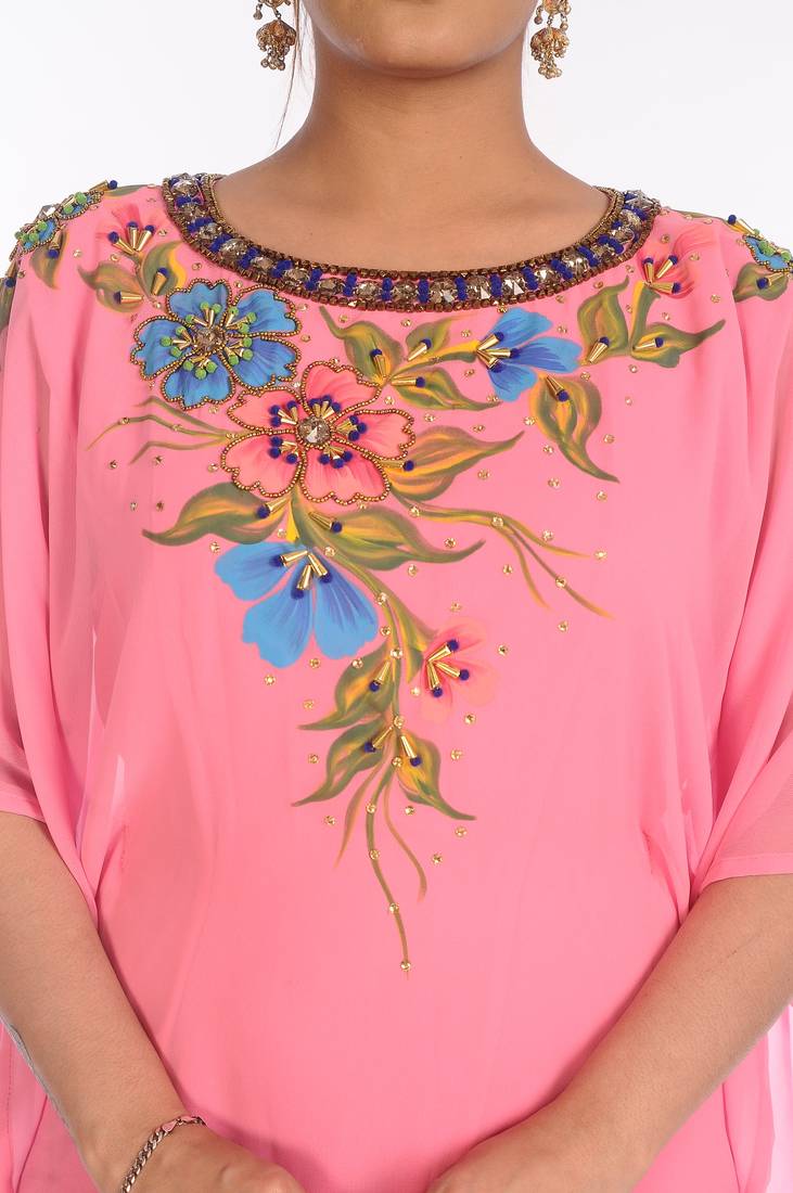 Baby Pink Georgette Embroidered Zari Work Islamic Kaftans
