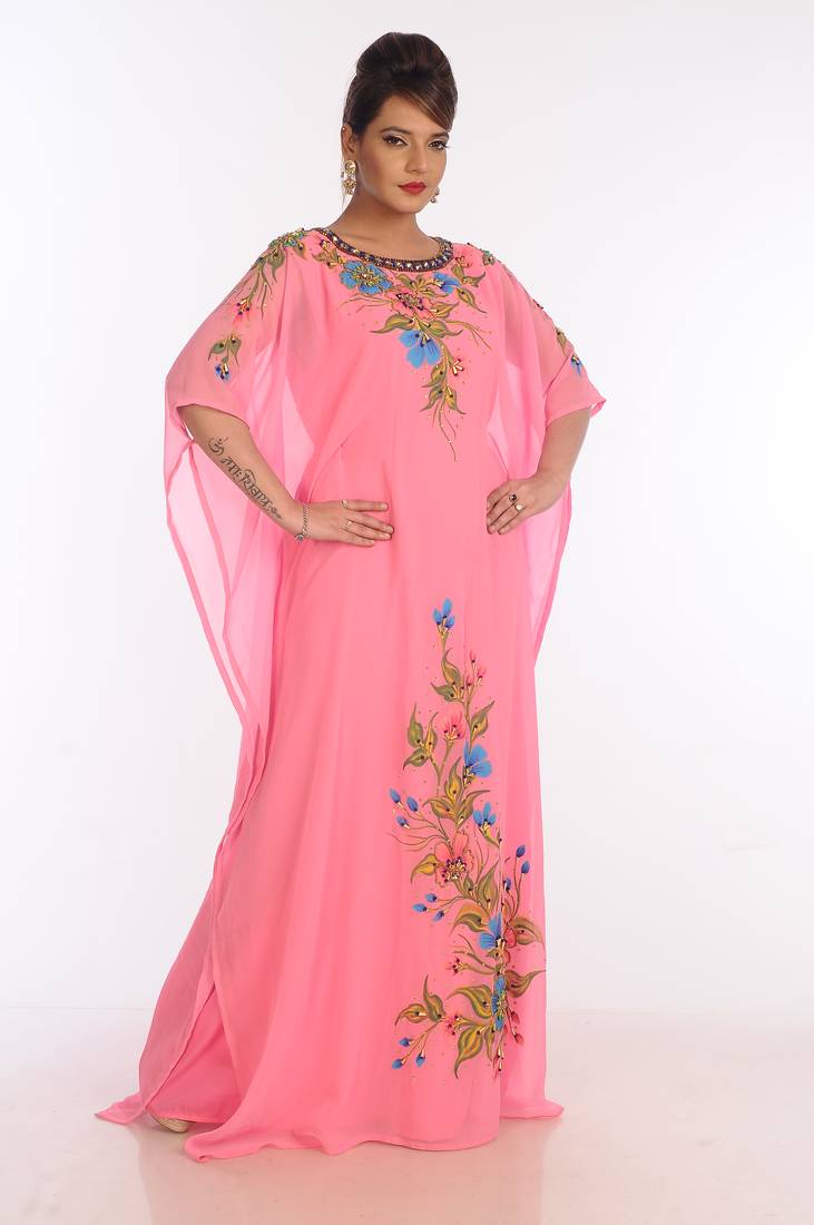 Baby Pink Georgette Embroidered Zari Work Islamic Kaftans