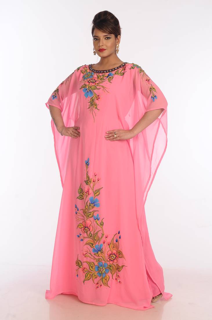 Baby Pink Georgette Embroidered Zari Work Islamic Kaftans