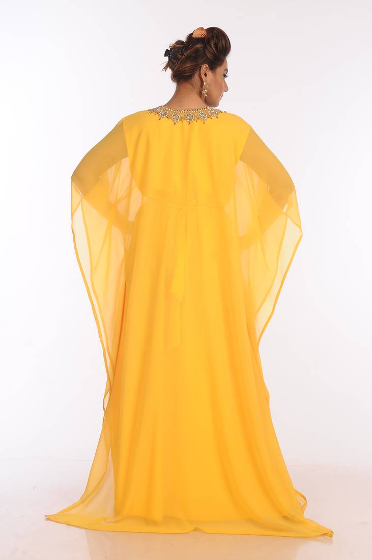 Yellow Georgette Embroidered Zari Work Islamic Kaftans