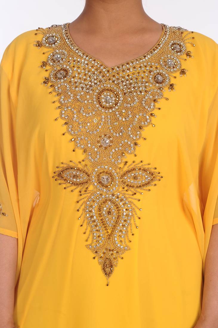 Yellow Georgette Embroidered Zari Work Islamic Kaftans