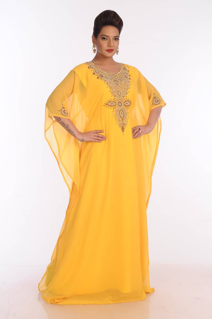 Yellow Georgette Embroidered Zari Work Islamic Kaftans