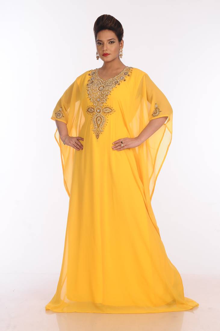Yellow Georgette Embroidered Zari Work Islamic Kaftans