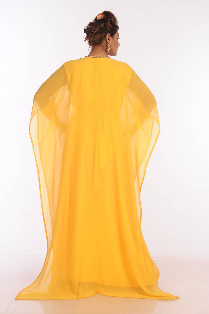 Yellow Georgette Embroidered Zari Work Islamic Kaftans