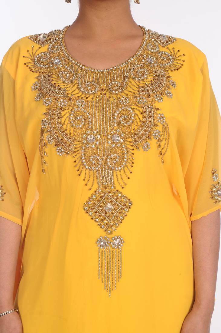 Yellow Georgette Embroidered Zari Work Islamic Kaftans