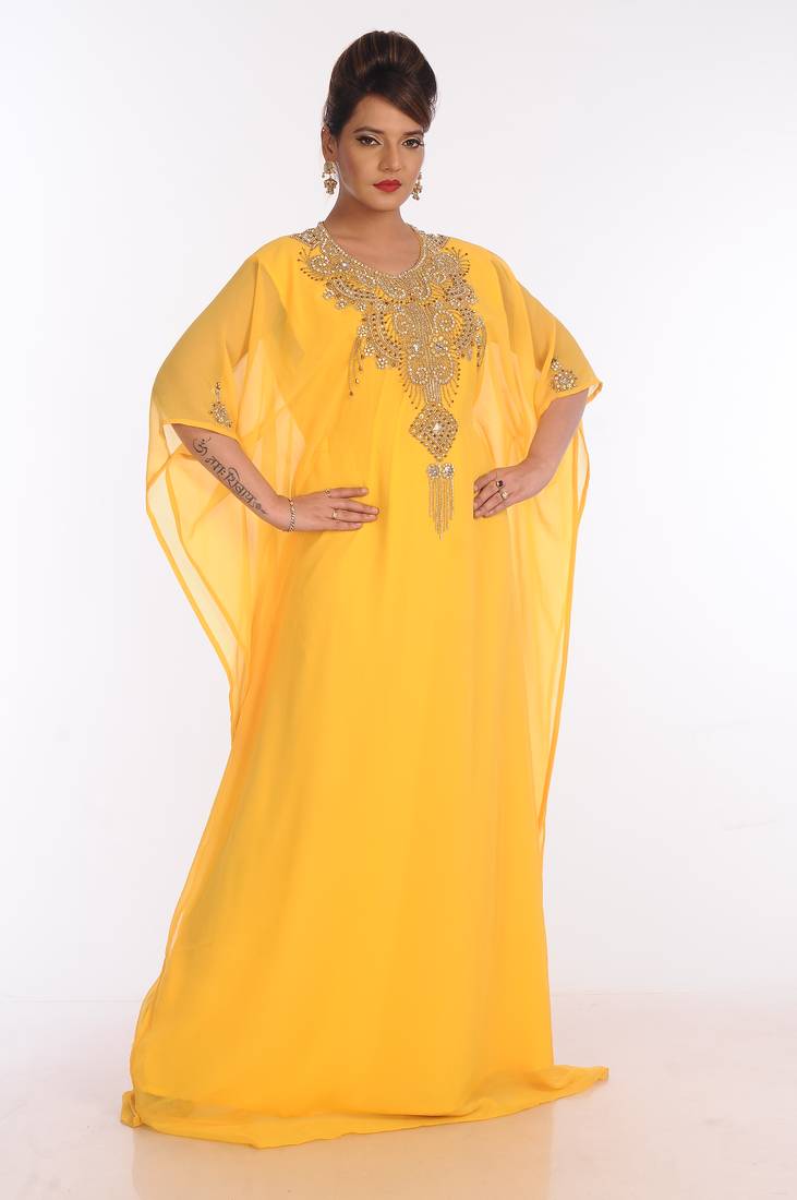 Yellow Georgette Embroidered Zari Work Islamic Kaftans
