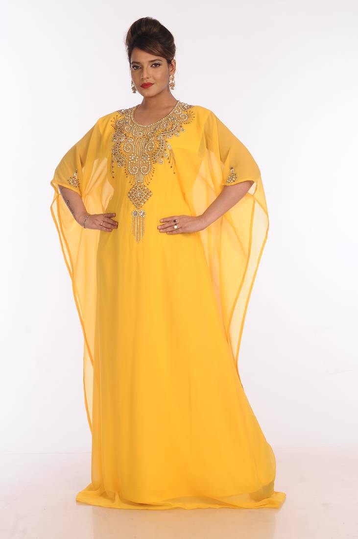 Yellow Georgette Embroidered Zari Work Islamic Kaftans