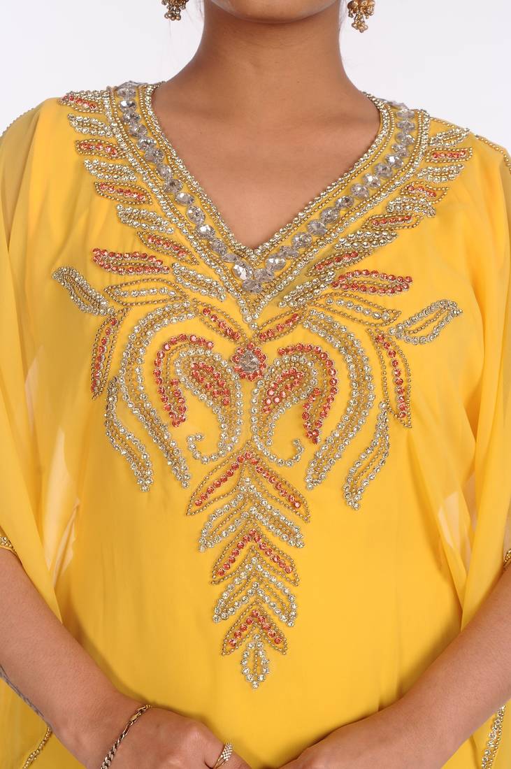 Yellow Georgette Embroidered Zari Work Islamic Kaftans