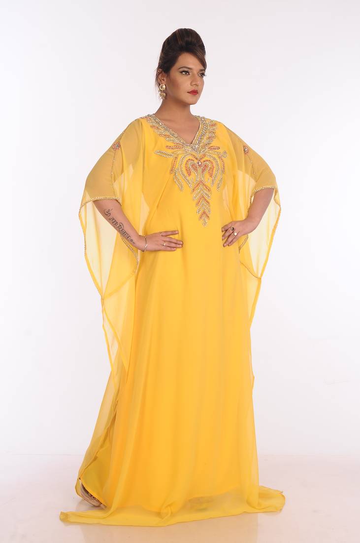 Yellow Georgette Embroidered Zari Work Islamic Kaftans