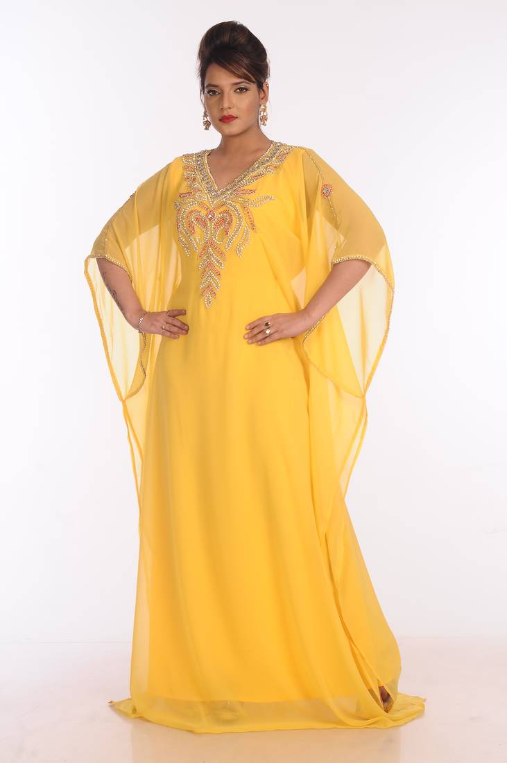 Yellow Georgette Embroidered Zari Work Islamic Kaftans