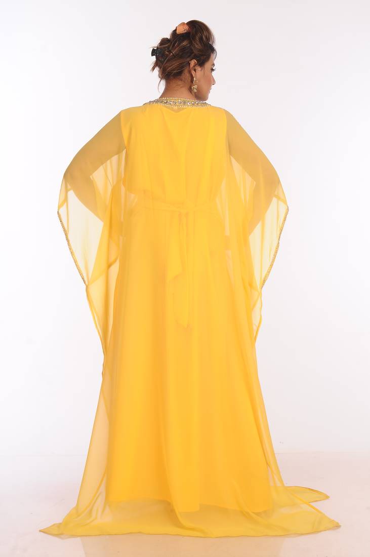 Yellow Georgette Embroidered Zari Work Islamic Kaftans