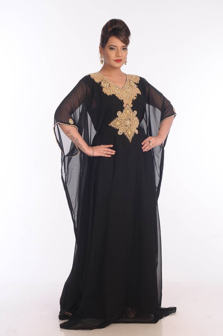 Black Georgette Embroidered Zari Work Islamic Kaftans