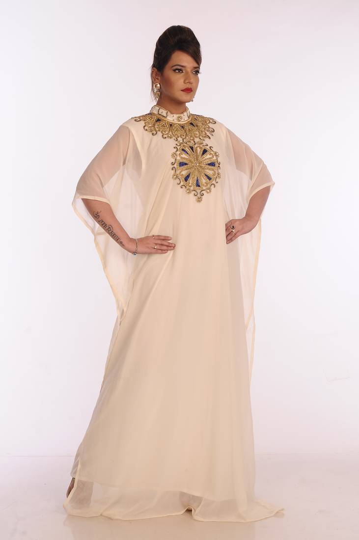 Cream Georgette Embroidered Zari Work Islamic Kaftans