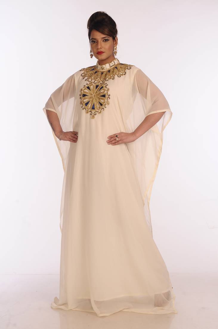 Cream Georgette Embroidered Zari Work Islamic Kaftans