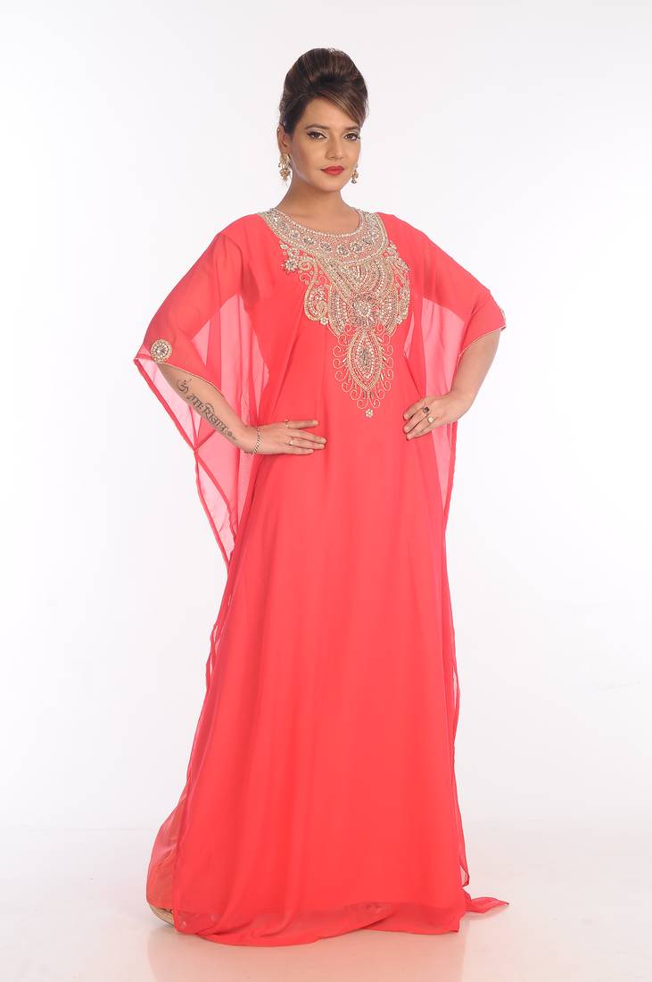 Pink Georgette Embroidered Zari Work Islamic Kaftans