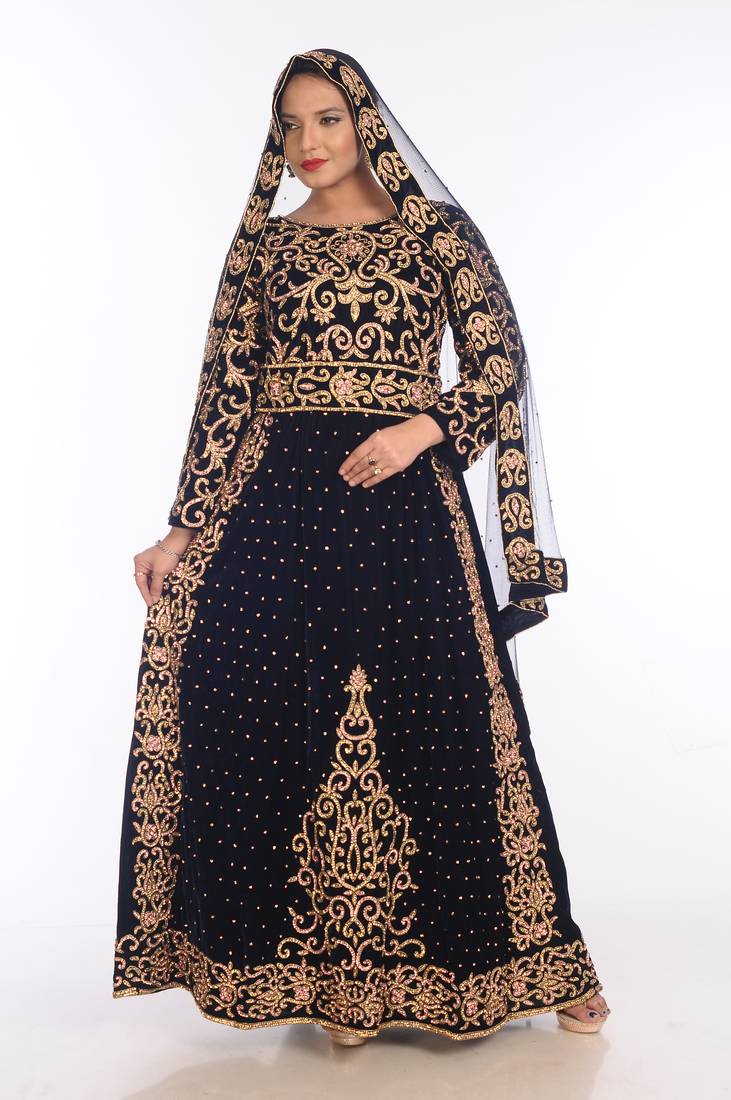 Navy Blue Velvet Embroidered Zari Work Islamic Kaftans