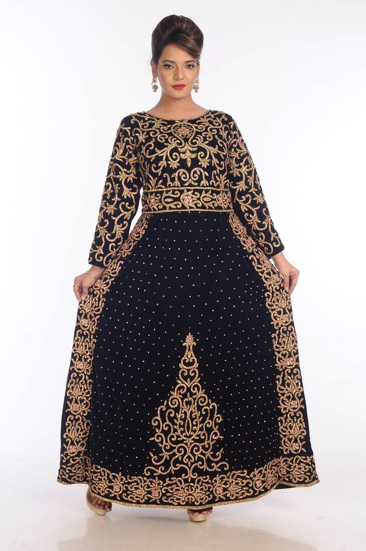 Navy Blue Velvet Embroidered Zari Work Islamic Kaftans