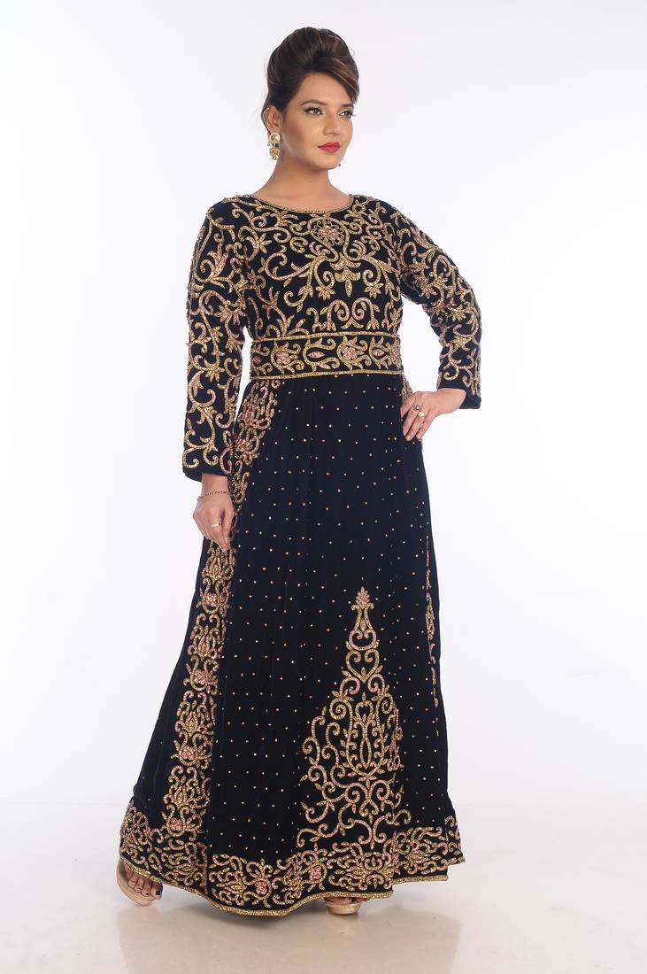 Navy Blue Velvet Embroidered Zari Work Islamic Kaftans