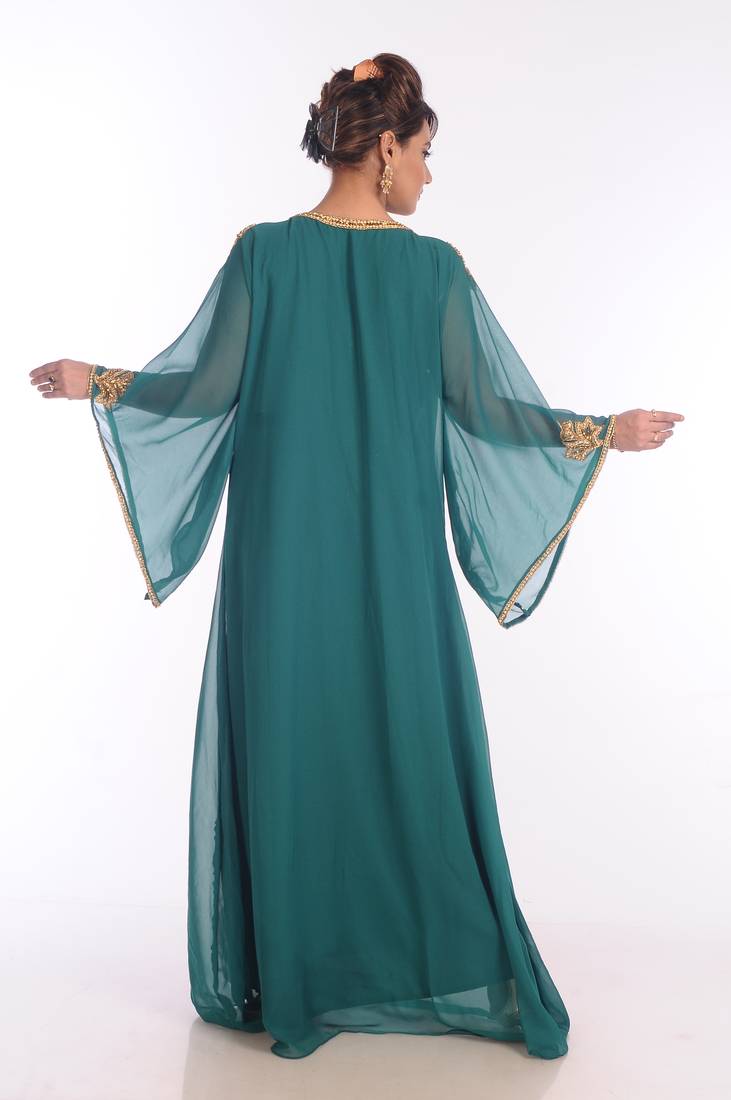 Teal Georgette Embroidered Zari Work Islamic Kaftans