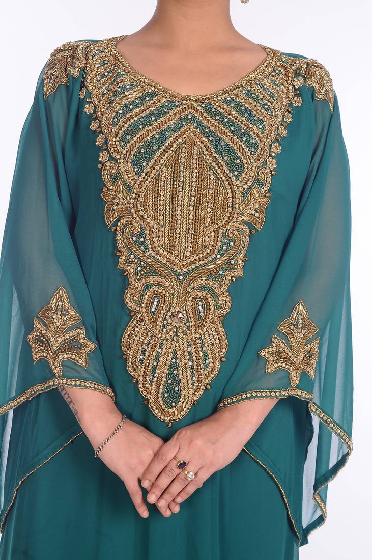 Teal Georgette Embroidered Zari Work Islamic Kaftans