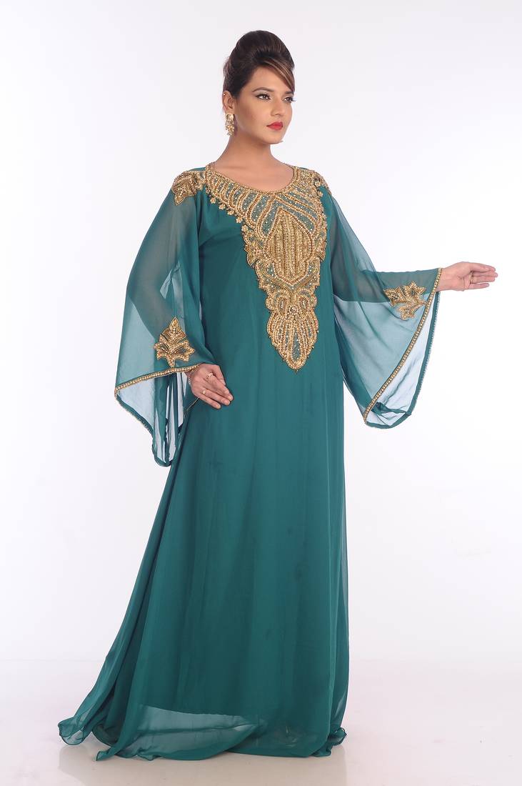Teal Georgette Embroidered Zari Work Islamic Kaftans