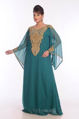 Teal Georgette Embroidered Zari Work Islamic Kaftans 5