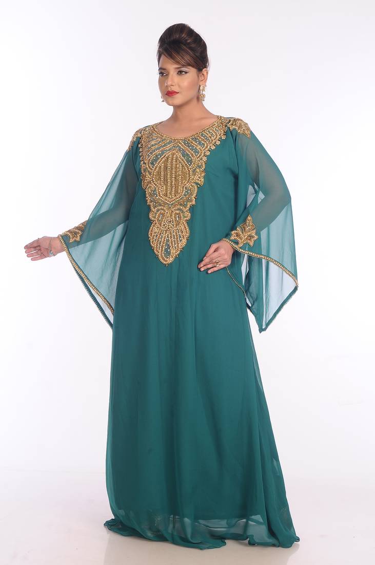 Teal Georgette Embroidered Zari Work Islamic Kaftans