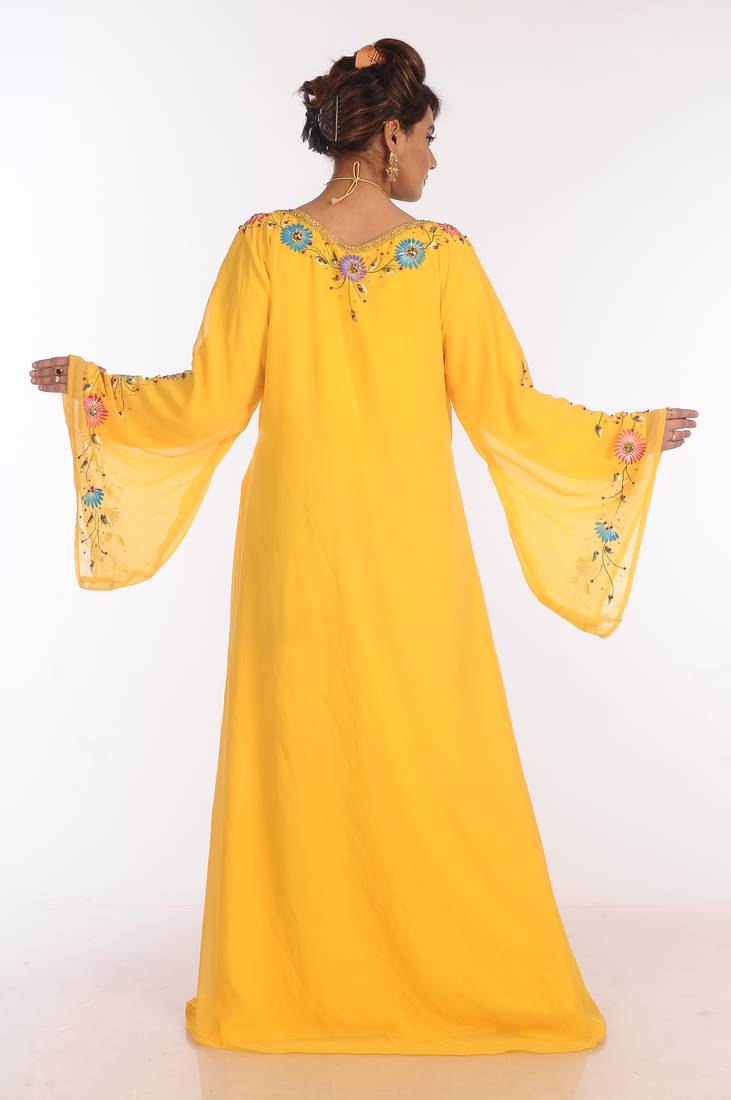 Yellow Georgette Embroidered Zari Work Islamic Kaftans