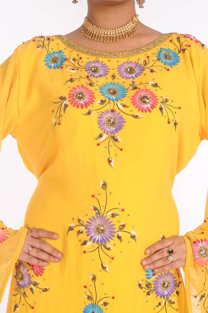 Yellow Georgette Embroidered Zari Work Islamic Kaftans