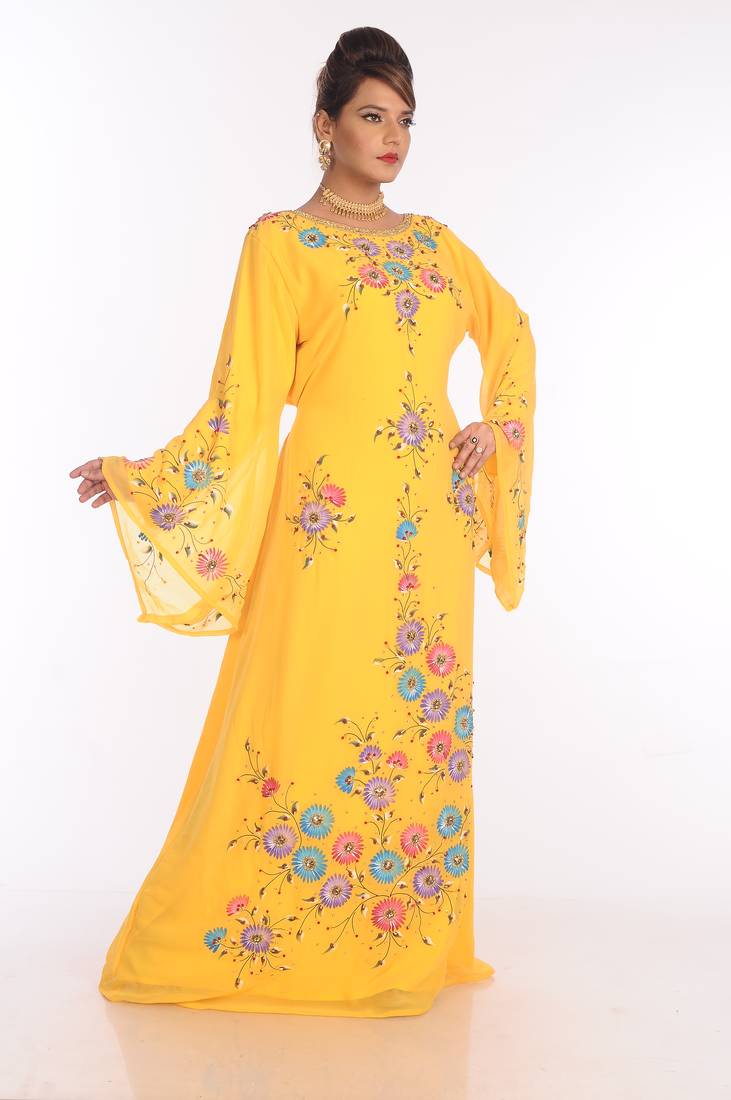Yellow Georgette Embroidered Zari Work Islamic Kaftans