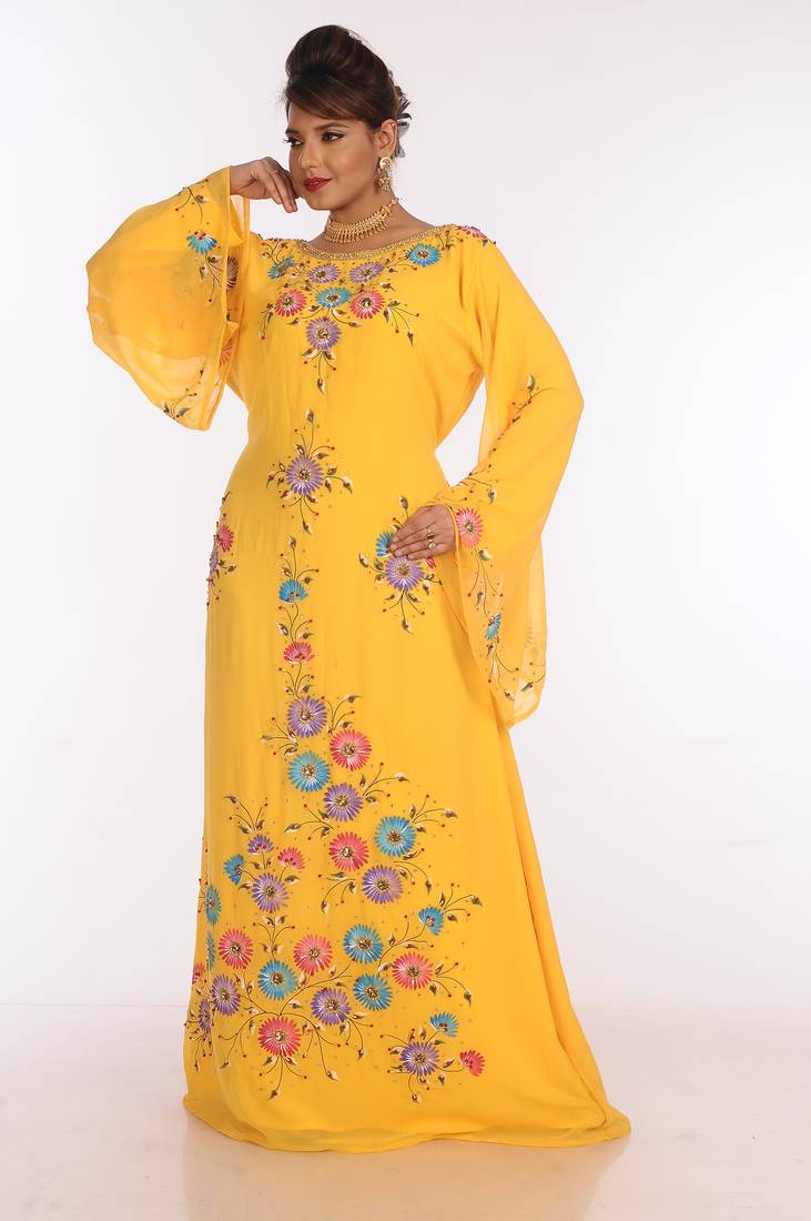 Yellow Georgette Embroidered Zari Work Islamic Kaftans