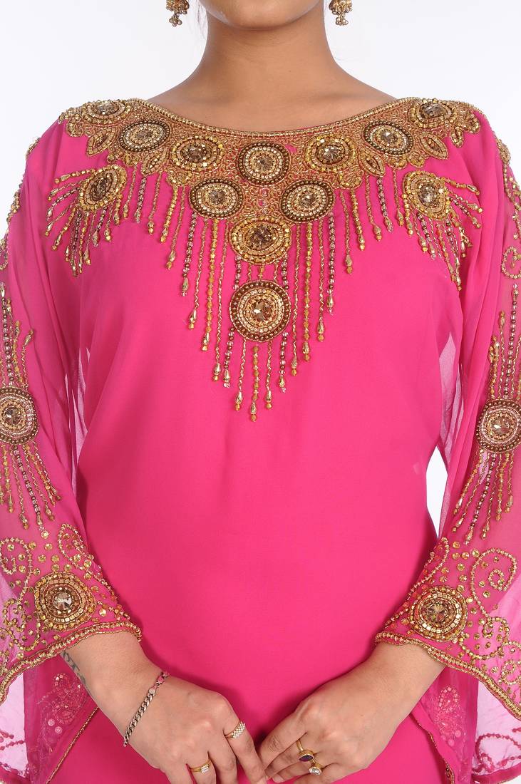 Pink Georgette Embroidered Zari Work Islamic Kaftans