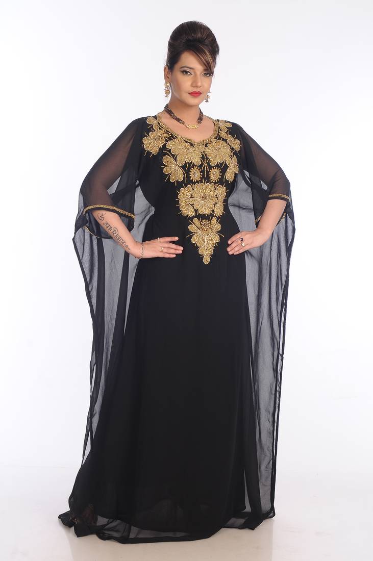Black Georgette Embroidered Zari Work Islamic Kaftans