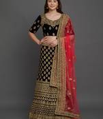 Navy-blue embroidered
 velvet semi stitched lehenga with dupatta