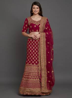 Wine embroidered
 velvet semi stitched lehenga with dupatta 1
