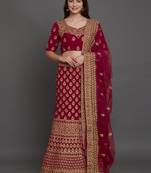 Wine embroidered
 velvet semi stitched lehenga with dupatta