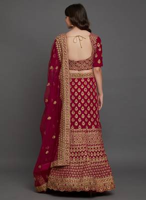 Wine embroidered
 velvet semi stitched lehenga with dupatta 2