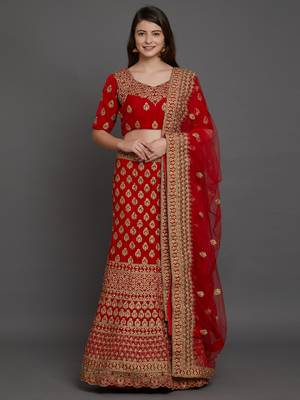 Red embroidered
 velvet semi stitched lehenga with dupatta 1