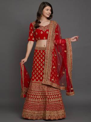 Red embroidered
 velvet semi stitched lehenga with dupatta 2