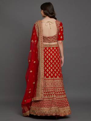 Red embroidered
 velvet semi stitched lehenga with dupatta 3